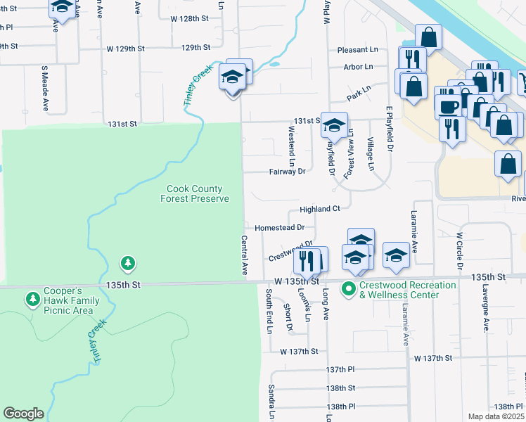map of restaurants, bars, coffee shops, grocery stores, and more near 13315 Central Avenue in Crestwood