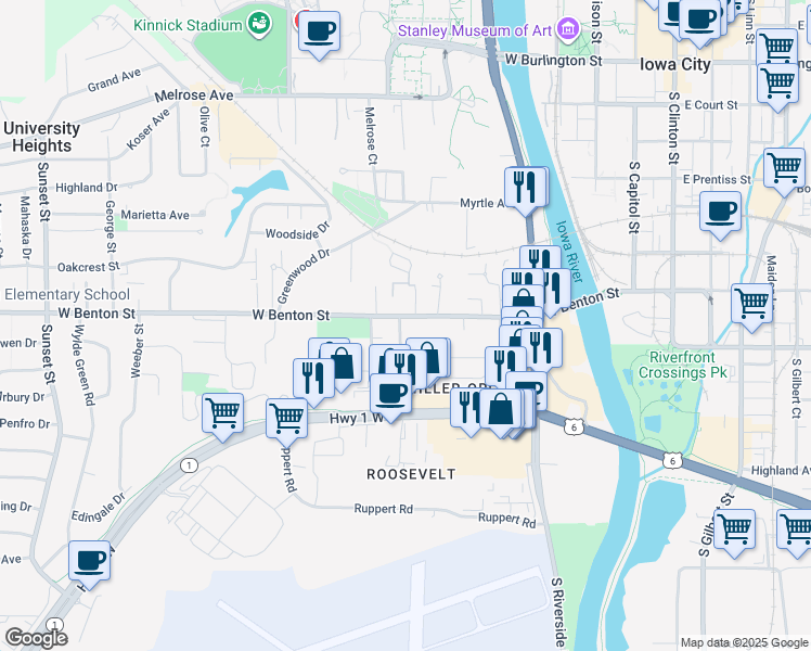 map of restaurants, bars, coffee shops, grocery stores, and more near 808 Hudson Avenue in Iowa City