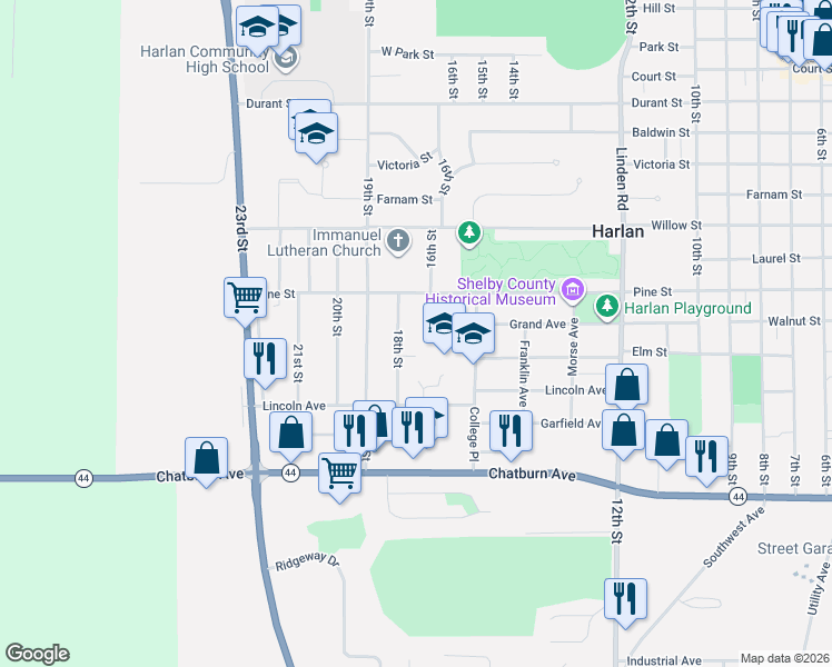 map of restaurants, bars, coffee shops, grocery stores, and more near 1812 18th Street in Harlan