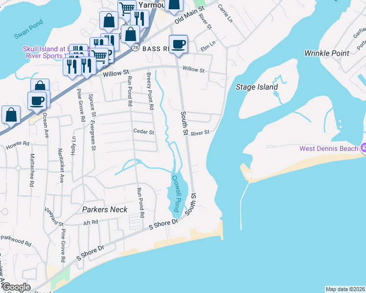 map of restaurants, bars, coffee shops, grocery stores, and more near 145 South Street in Yarmouth