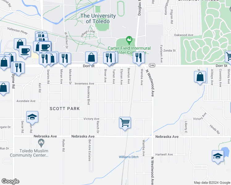 map of restaurants, bars, coffee shops, grocery stores, and more near 1015 Elysian Avenue in Toledo