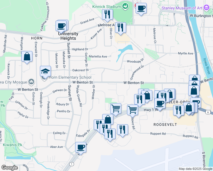 map of restaurants, bars, coffee shops, grocery stores, and more near 1039 West Benton Street in Iowa City