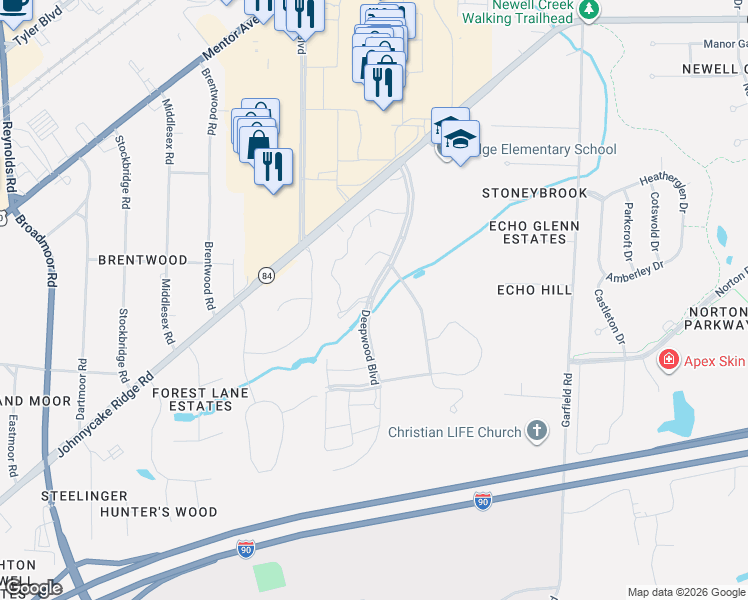 map of restaurants, bars, coffee shops, grocery stores, and more near 8225 Deepwood Boulevard in Mentor