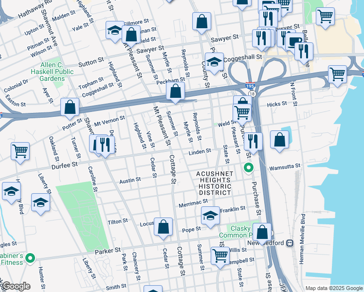 map of restaurants, bars, coffee shops, grocery stores, and more near 446 Summer Street in New Bedford