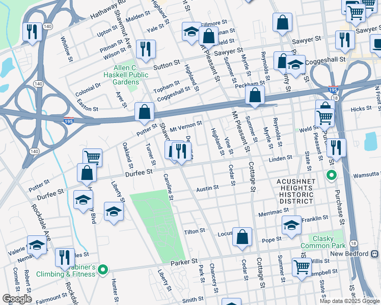 map of restaurants, bars, coffee shops, grocery stores, and more near 45 Dewolf Street in New Bedford