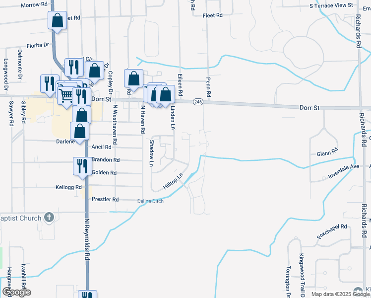 map of restaurants, bars, coffee shops, grocery stores, and more near 1116 Linden Lane in Toledo