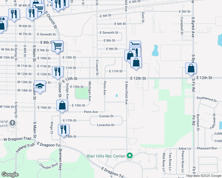 map of restaurants, bars, coffee shops, grocery stores, and more near 811 East 12th Street in Mishawaka