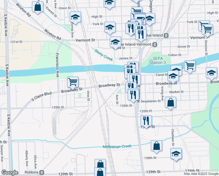 map of restaurants, bars, coffee shops, grocery stores, and more near 2542 Broadway Street in Blue Island
