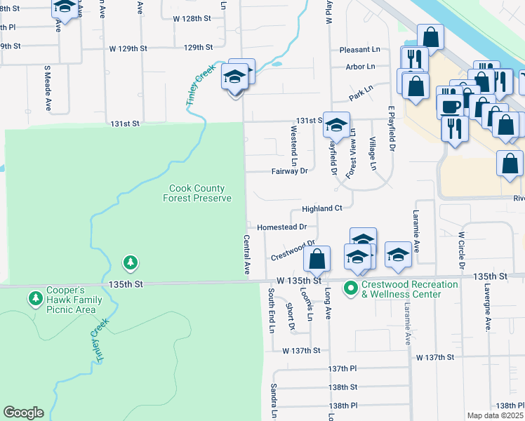 map of restaurants, bars, coffee shops, grocery stores, and more near 13315 Central Avenue in Crestwood
