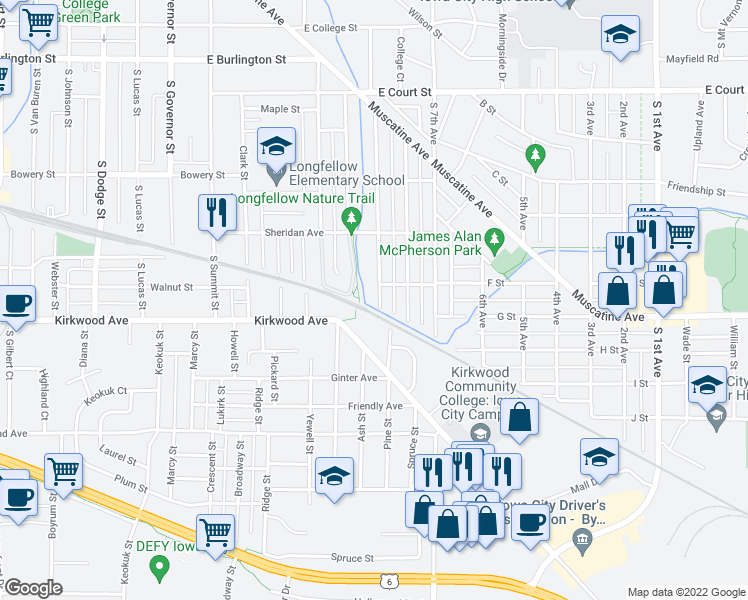 map of restaurants, bars, coffee shops, grocery stores, and more near 1507 Jackson Avenue in Iowa City
