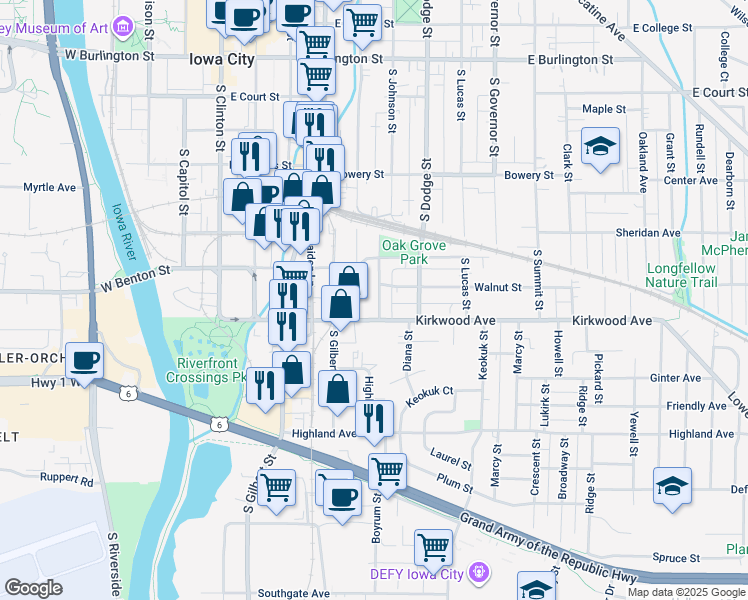 map of restaurants, bars, coffee shops, grocery stores, and more near 924 South Van Buren Street in Iowa City
