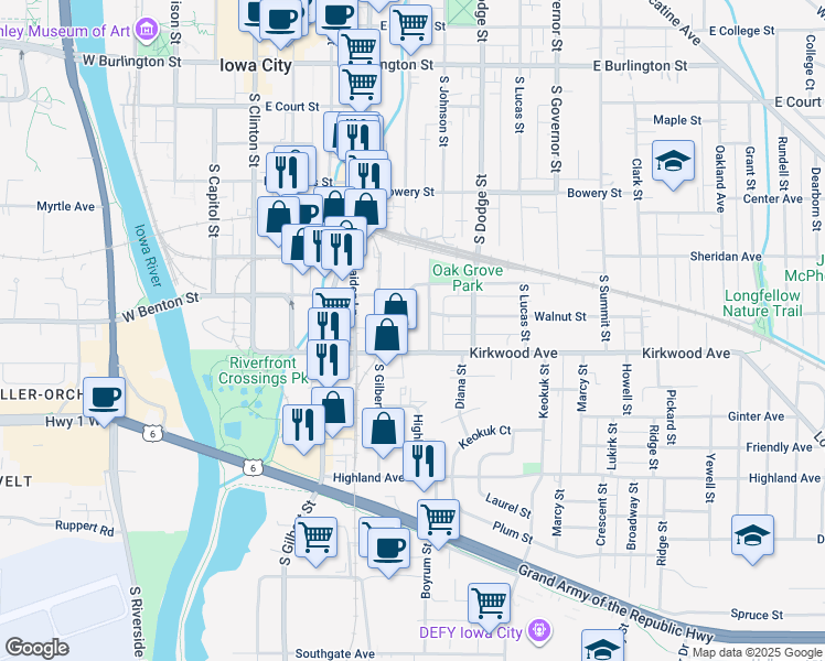 map of restaurants, bars, coffee shops, grocery stores, and more near 924 South Van Buren Street in Iowa City