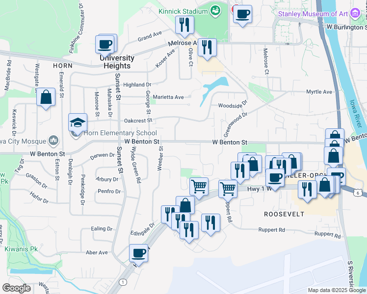 map of restaurants, bars, coffee shops, grocery stores, and more near 1039 West Benton Street in Iowa City