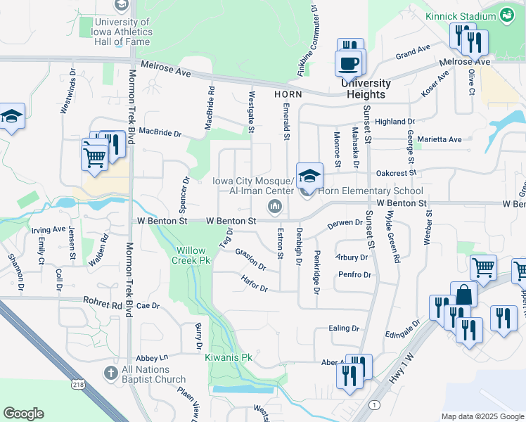 map of restaurants, bars, coffee shops, grocery stores, and more near 724 Westgate Street in Iowa City