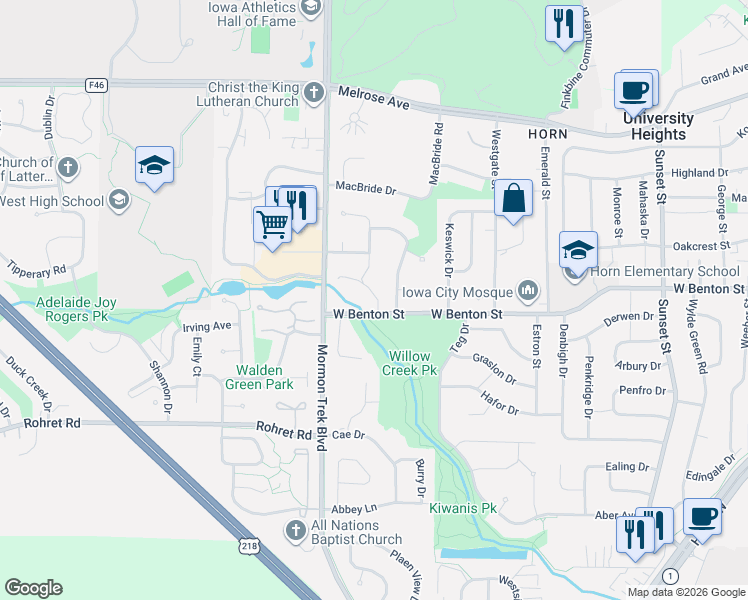 map of restaurants, bars, coffee shops, grocery stores, and more near 2305 Willowbrooke Ln in Iowa City