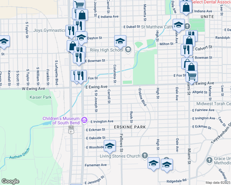 map of restaurants, bars, coffee shops, grocery stores, and more near 302-314 East Ewing Avenue in South Bend