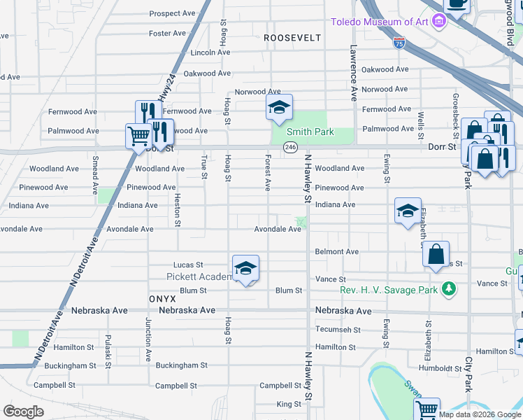 map of restaurants, bars, coffee shops, grocery stores, and more near 1056 Indiana Avenue in Toledo
