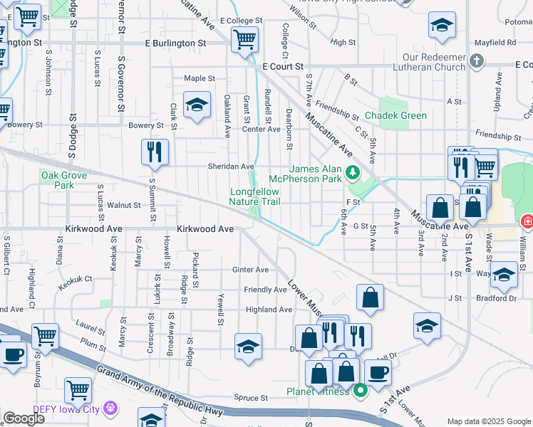 map of restaurants, bars, coffee shops, grocery stores, and more near 911 Rundell Street in Iowa City