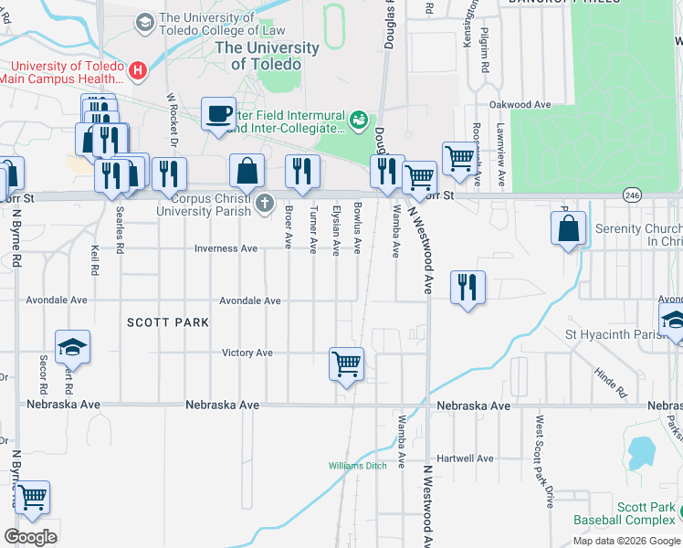 map of restaurants, bars, coffee shops, grocery stores, and more near 1015 Bowlus Avenue in Toledo