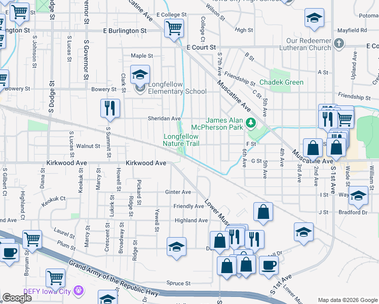 map of restaurants, bars, coffee shops, grocery stores, and more near 911 Rundell Street in Iowa City