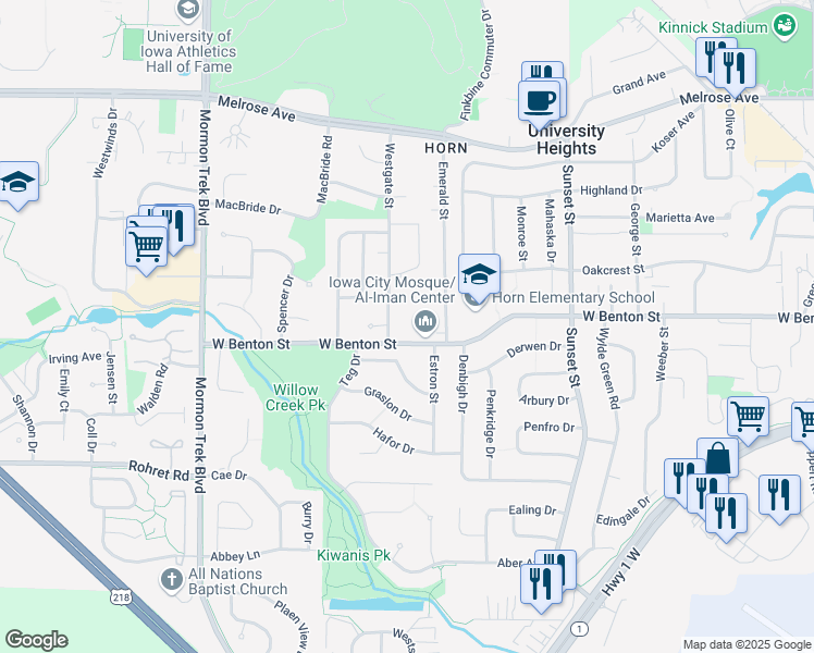 map of restaurants, bars, coffee shops, grocery stores, and more near 724 Westgate Street in Iowa City