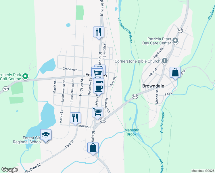 map of restaurants, bars, coffee shops, grocery stores, and more near 1 Center Street in Forest City