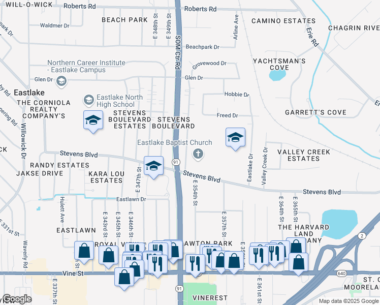 map of restaurants, bars, coffee shops, grocery stores, and more near 1051 Center Road in Eastlake