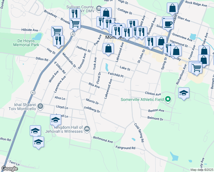 map of restaurants, bars, coffee shops, grocery stores, and more near 78 Lakewood Avenue in Monticello