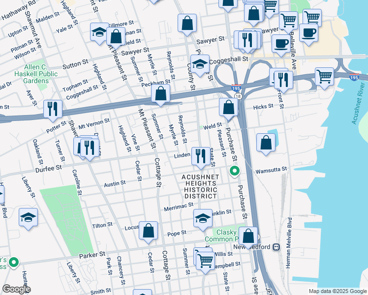 map of restaurants, bars, coffee shops, grocery stores, and more near 11 Reynolds Street in New Bedford