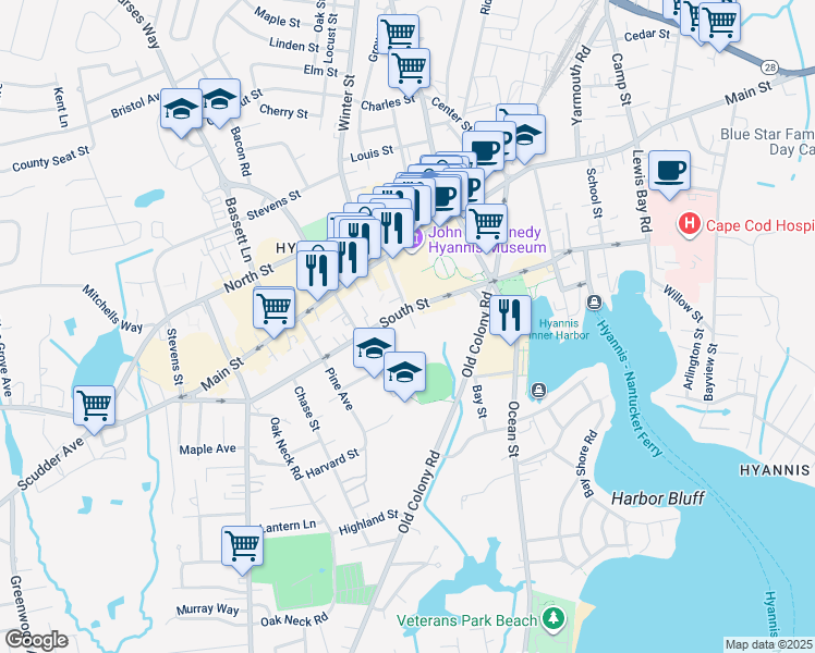 map of restaurants, bars, coffee shops, grocery stores, and more near 75 Pearl Street in Barnstable