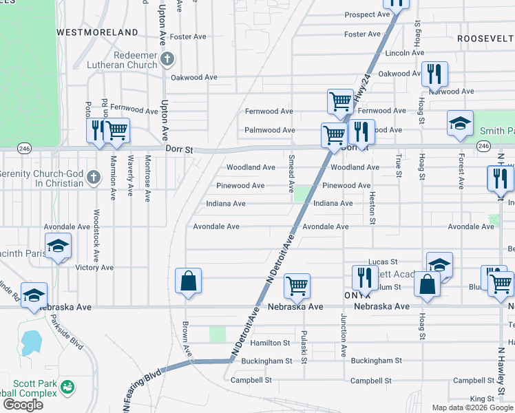 map of restaurants, bars, coffee shops, grocery stores, and more near 1622 Indiana Avenue in Toledo