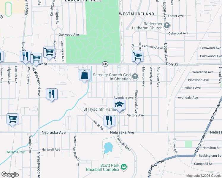 map of restaurants, bars, coffee shops, grocery stores, and more near 1009 Shirley Avenue in Toledo