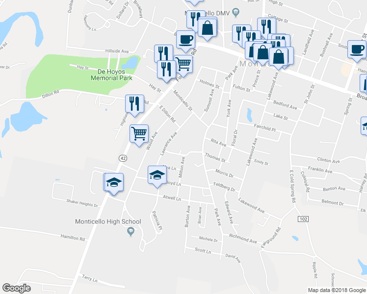 map of restaurants, bars, coffee shops, grocery stores, and more near 24 Maple Lane in Monticello