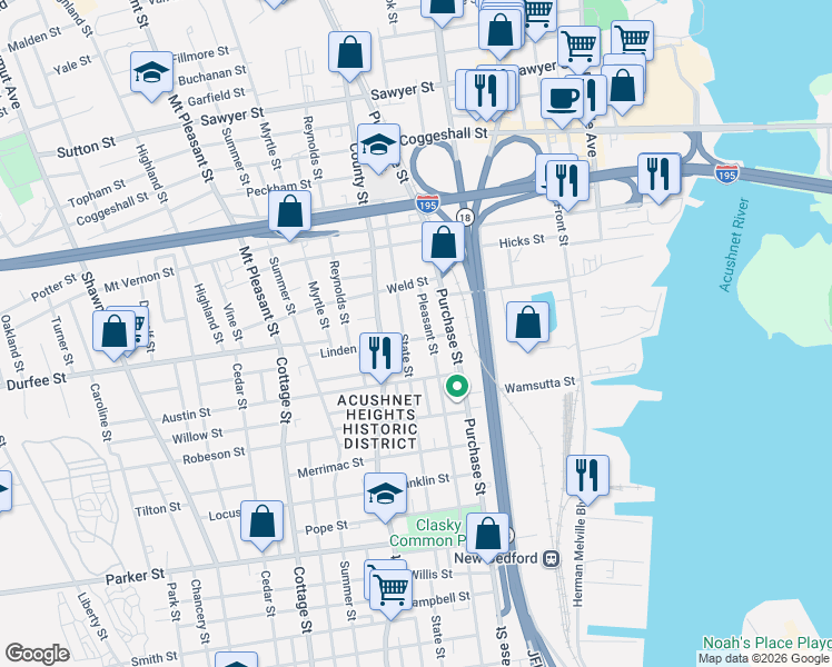 map of restaurants, bars, coffee shops, grocery stores, and more near 220 State Street in New Bedford