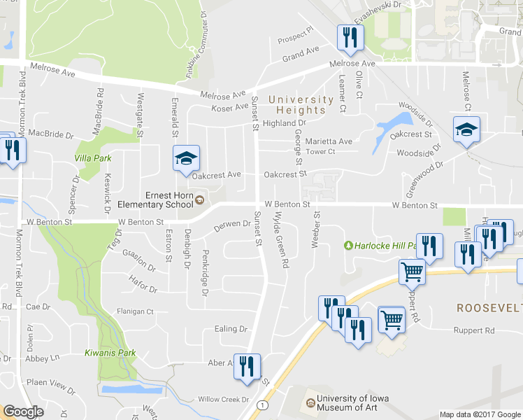 map of restaurants, bars, coffee shops, grocery stores, and more near 800 Sunset Street in Iowa City