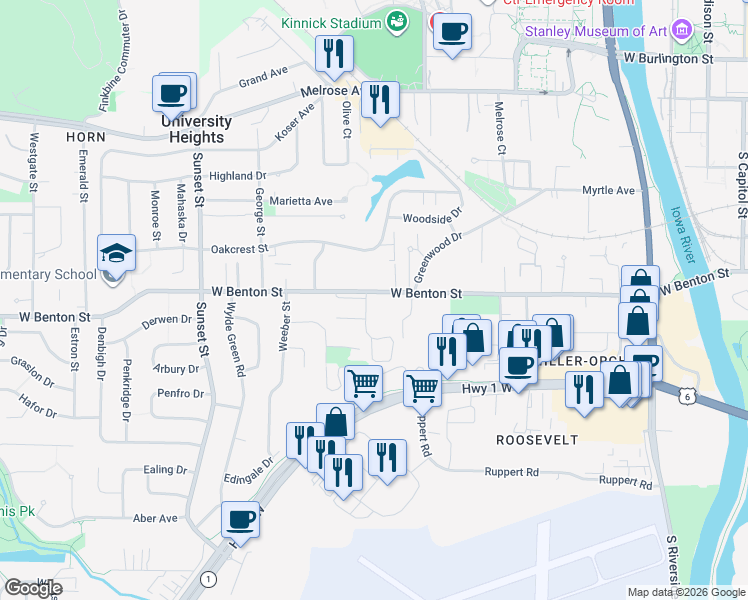 map of restaurants, bars, coffee shops, grocery stores, and more near in Iowa City