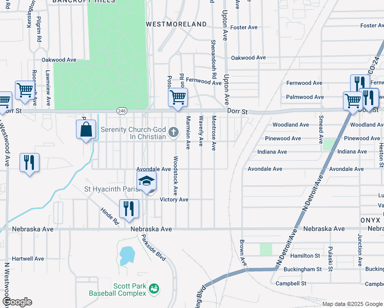 map of restaurants, bars, coffee shops, grocery stores, and more near 1005 Waverly Avenue in Toledo
