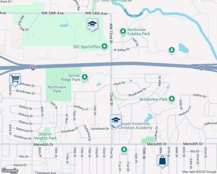 map of restaurants, bars, coffee shops, grocery stores, and more near 7201 Plum Drive in Urbandale