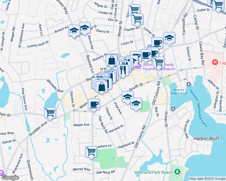 map of restaurants, bars, coffee shops, grocery stores, and more near 17 High School Road in Barnstable
