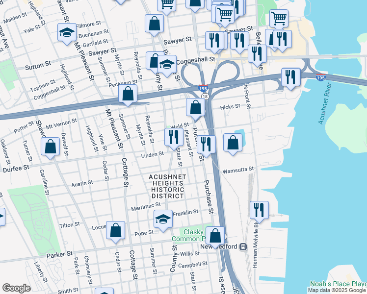 map of restaurants, bars, coffee shops, grocery stores, and more near 220 State Street in New Bedford
