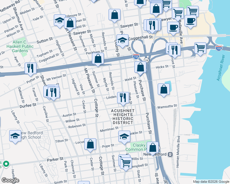 map of restaurants, bars, coffee shops, grocery stores, and more near 21 Reynolds Street in New Bedford