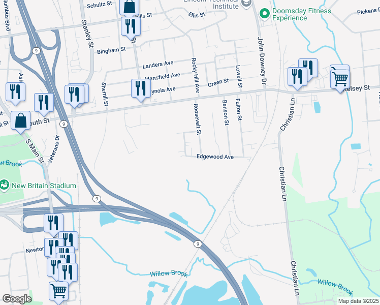 map of restaurants, bars, coffee shops, grocery stores, and more near 115 Roosevelt Street in New Britain
