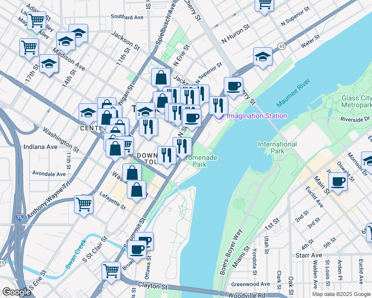 map of restaurants, bars, coffee shops, grocery stores, and more near 200 North Saint Clair Street in Toledo