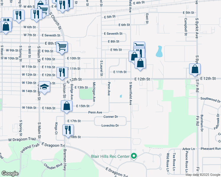 map of restaurants, bars, coffee shops, grocery stores, and more near 1124 Penn Avenue in Mishawaka