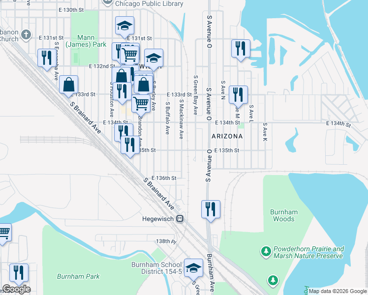 map of restaurants, bars, coffee shops, grocery stores, and more near 13400 South Green Bay Avenue in Chicago