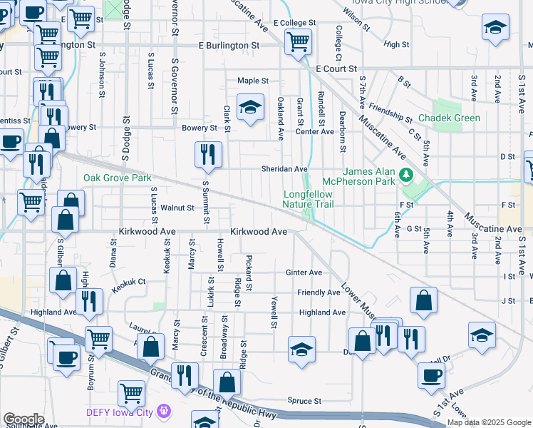 map of restaurants, bars, coffee shops, grocery stores, and more near 904 Roosevelt Street in Iowa City