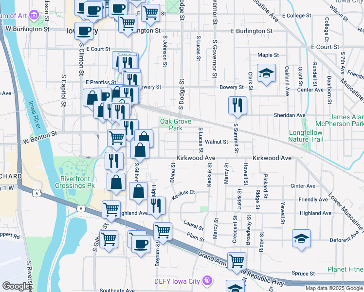 map of restaurants, bars, coffee shops, grocery stores, and more near 715 Walnut Street in Iowa City