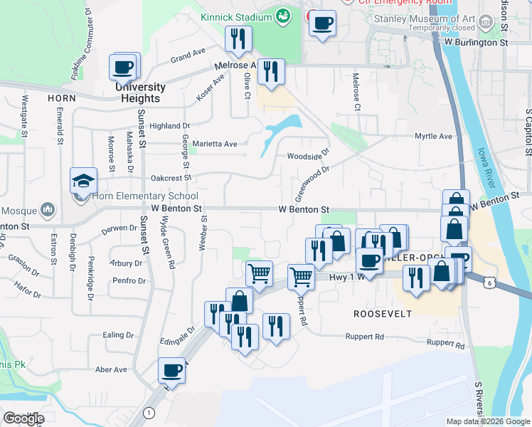map of restaurants, bars, coffee shops, grocery stores, and more near in Iowa City