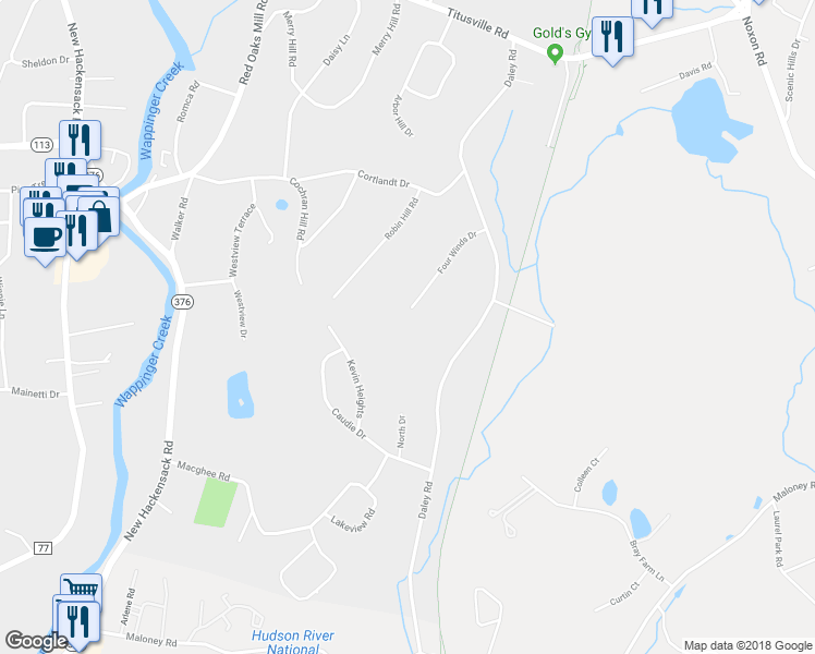map of restaurants, bars, coffee shops, grocery stores, and more near 21 Four Winds Drive in Poughkeepsie