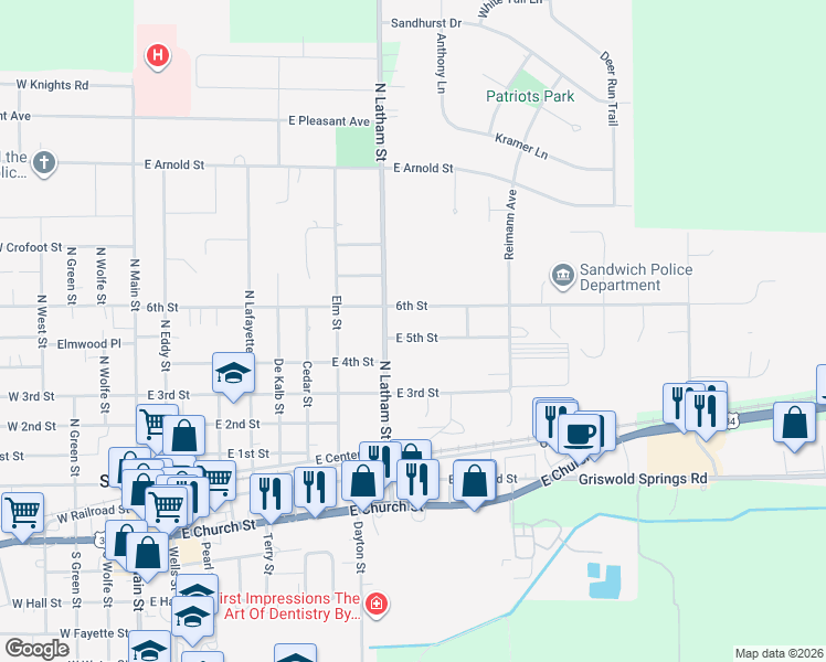 map of restaurants, bars, coffee shops, grocery stores, and more near 903 East 5th Street in Sandwich